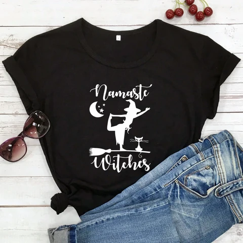 Футболка Namaste с ведьмами и кошками, забавная Женская футболка для занятий йогой, осенняя футболка на Хэллоуин