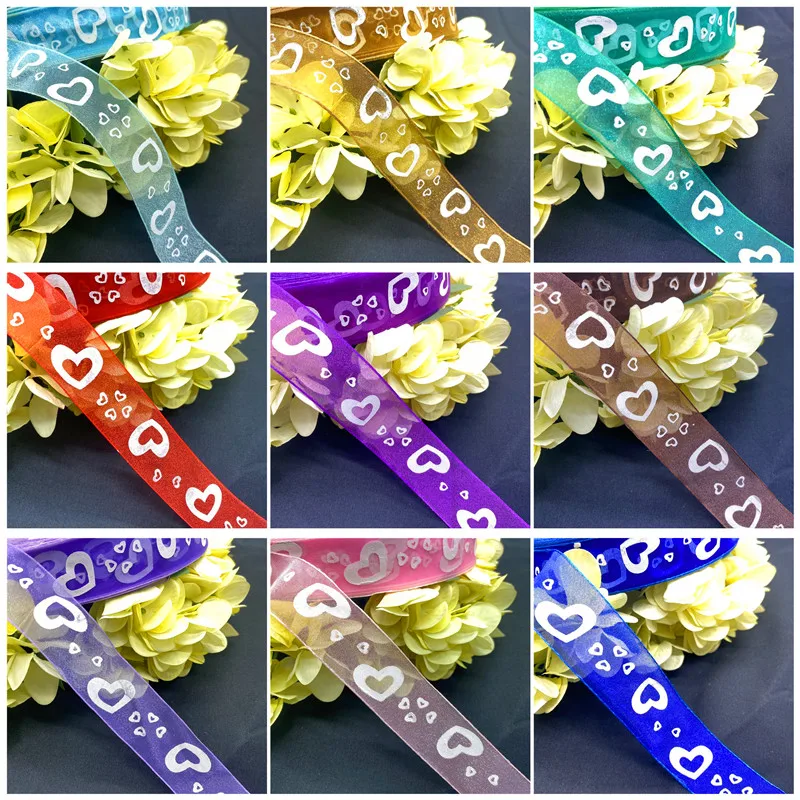 

5Yardsl 25mm Transparent Gauze Ribbon heart Printing Pattern Gift Packaging Christmas Ribbon DIY Handmade Accessories