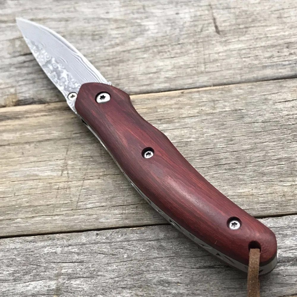 Складной охотничий нож LDT KW08 с Дамасским лезвием и деревянной ручкой |