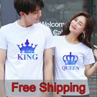 Новинка 2021, футболка для пары, летняя футболка с надписью KING QUEEN, хлопковая футболка с коротким рукавом для Дня Святого Валентина, брендовая свободная парная футболка