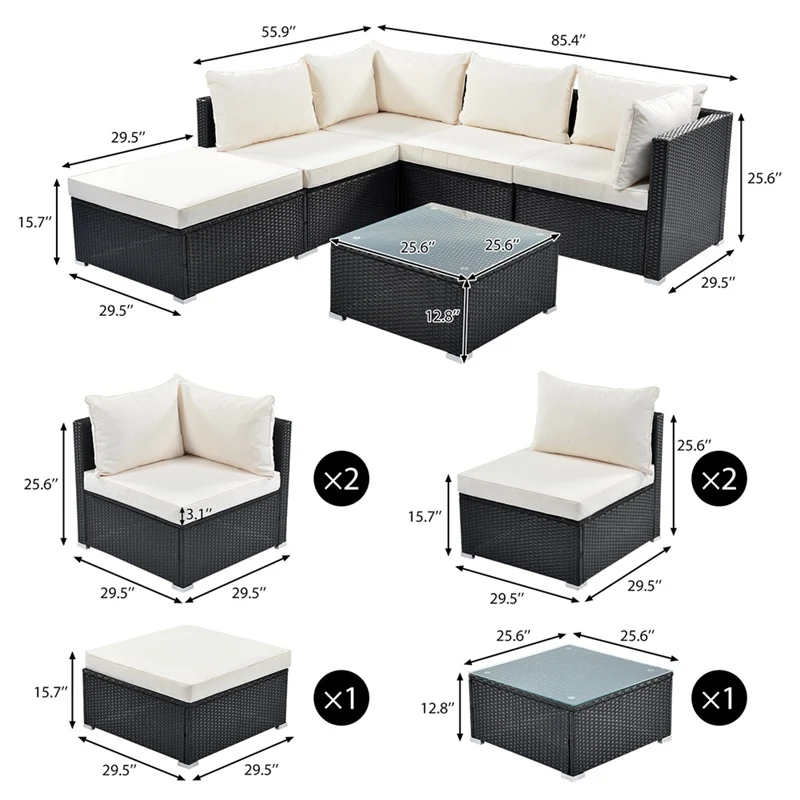 

6-Piece Patio Furniture Set Corner Sofa Set With Removable Cushions, PE Rattan Wicker, Outdoor Garden Sectional Sofa Chair