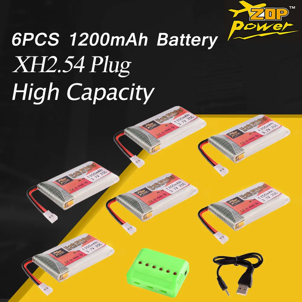 6 шт. ZOP Power 3 7 в 1200 мАч перезаряжаемая Lipo батарея XH2.54 разъем с USB зарядным