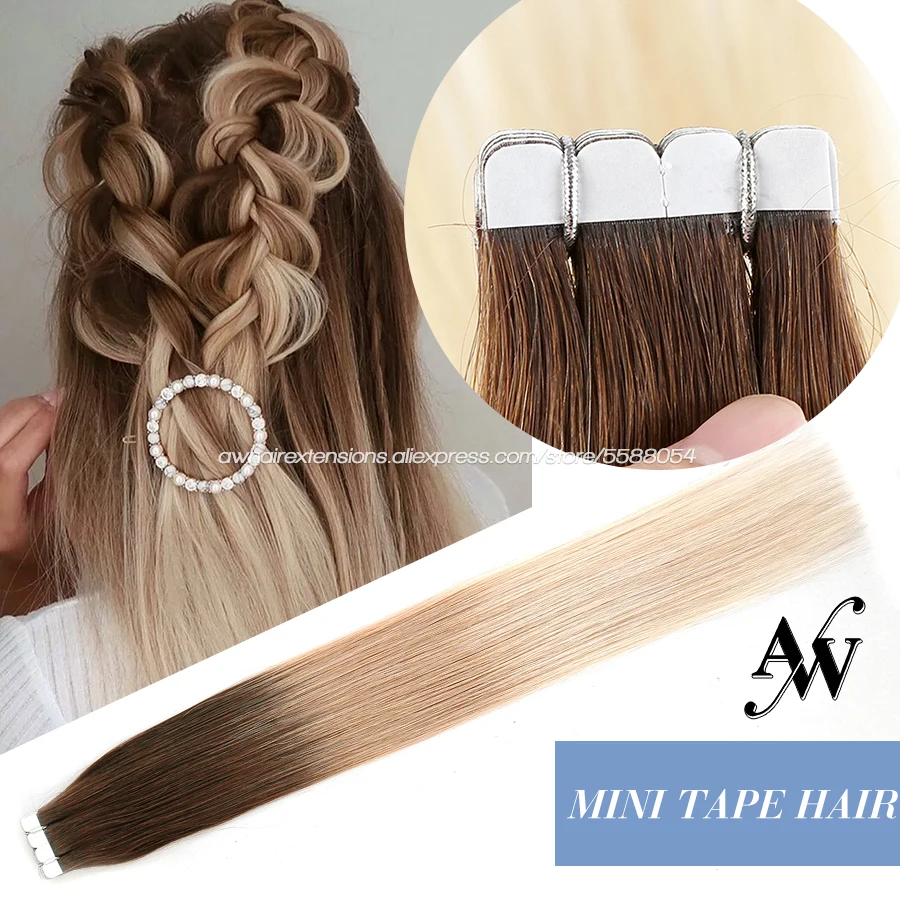 Fita em Extensões de Cabelo em Linha Máquina do Cabelo Trama da Pele Mini Reta Real Humano Remy Invisível Fita Adesiva no Cabelo 10 Pçs aw 100%