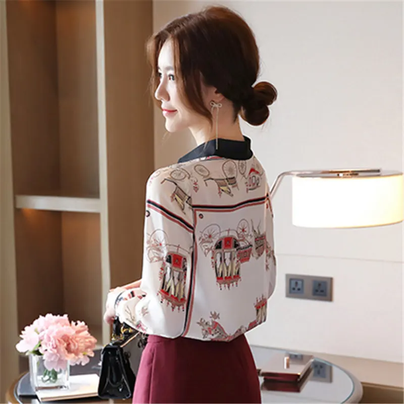 

2020 Autumn Fashion Women Tops And Blouses Long Sleeve Vintage Print Chiffon Shirts Casual Lady Polo Collar Loose Clothes Blusas