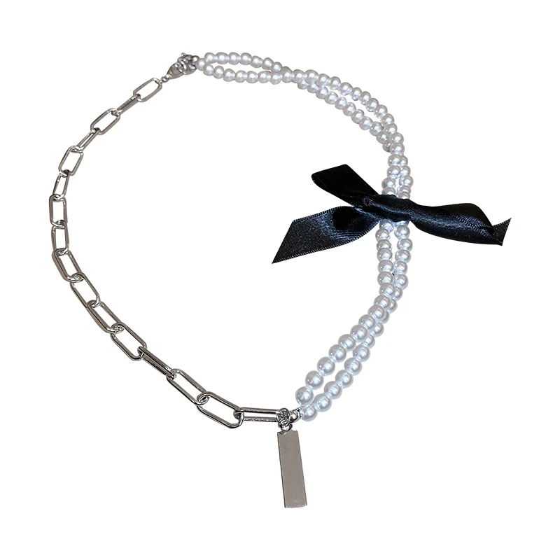 

2021 Korean Sweet Black Velvet Bowknot Collars Splicing Imitation Pearl Clavicle Chain Necklace For Women Fashion Jewelry Gifts