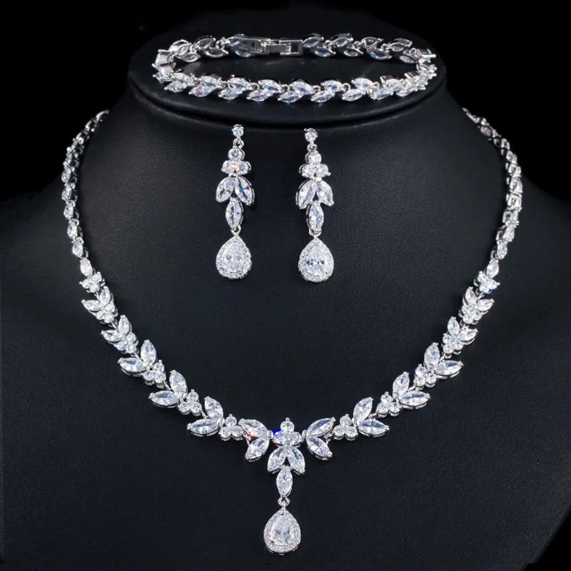 silver CWWZircons 3 шт. женский костюм большой золотой ювелирный набор со светящимся кубическим цирконием капля Дубай невесты ожерелье серьги и браслеты T370 - Окраска металла: silver