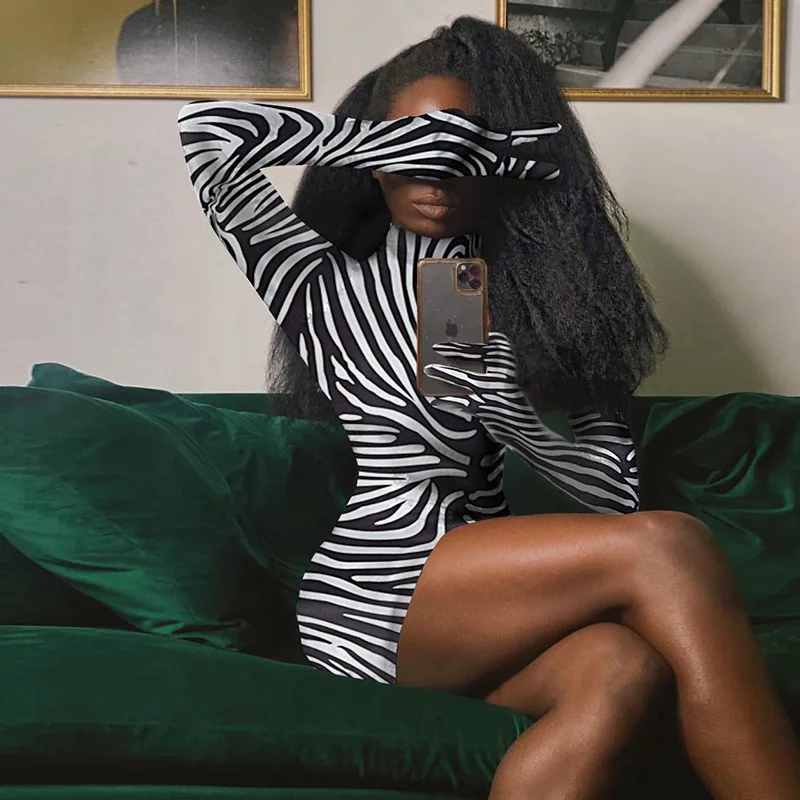 

Turtleneck Long Sleeve Bodycon Women's Dress with Gloves Sexy Party Outfits Zebra Print Black Red Dresses for Women Winter 2022