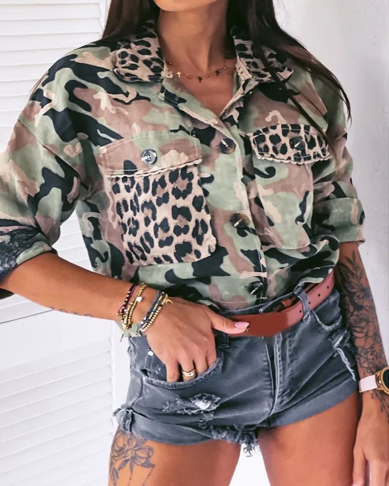 

Women's spring and autumn new fashion camouflage print stitching leopard print long-sleeved shirt Ladies casual loose shirt 2021