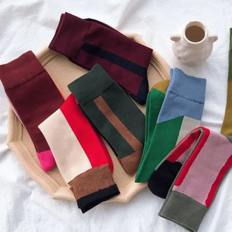 

Women Girls Combed Cotton Long Crew Socks Color Block Patchwork Hip Hop Hosiery