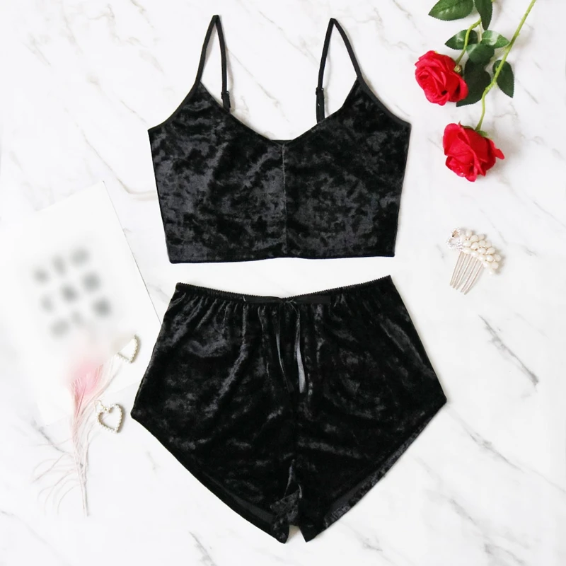 

Hot kf-Women 2 Piece Set Velvet Sleepwear Sexy Shorts Pajamas Suit Ladies Casual Sleepwear Party Set
