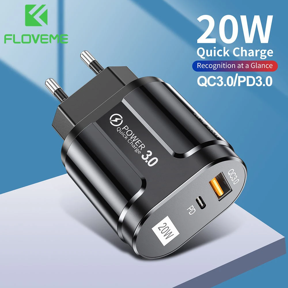 

FLOVEME EU/US Plug USB Charger QC3.0 20W Type C Quick Charge 3.0 20W For iPhone12 3A Fast Charger For Xiaomi samsung PD Charger