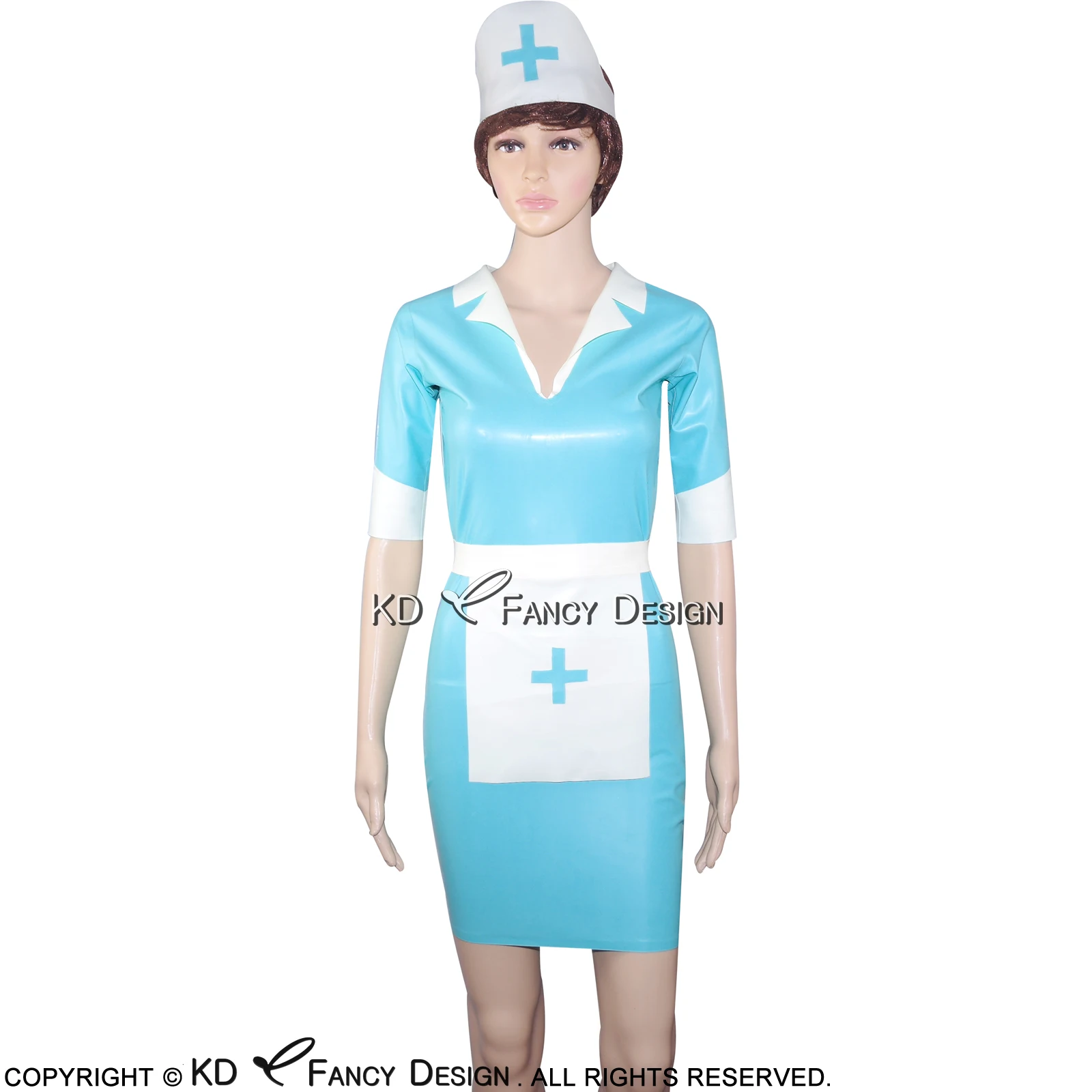 Озерно-голубой и белый сексуальный латексная Униформа Устанавливает резиновые