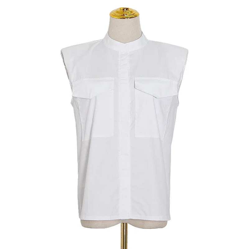 

Early niche design sexy breasted design lapel shoulder sleeveless white shirt top women