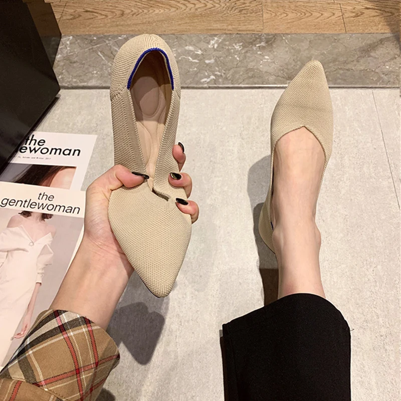 New Color Casual Women Soft Shoes Breathable Knit Pointed Shoes Women's Flat Shoes Ballet Single Shoes Comfortable Pregnant Shoe