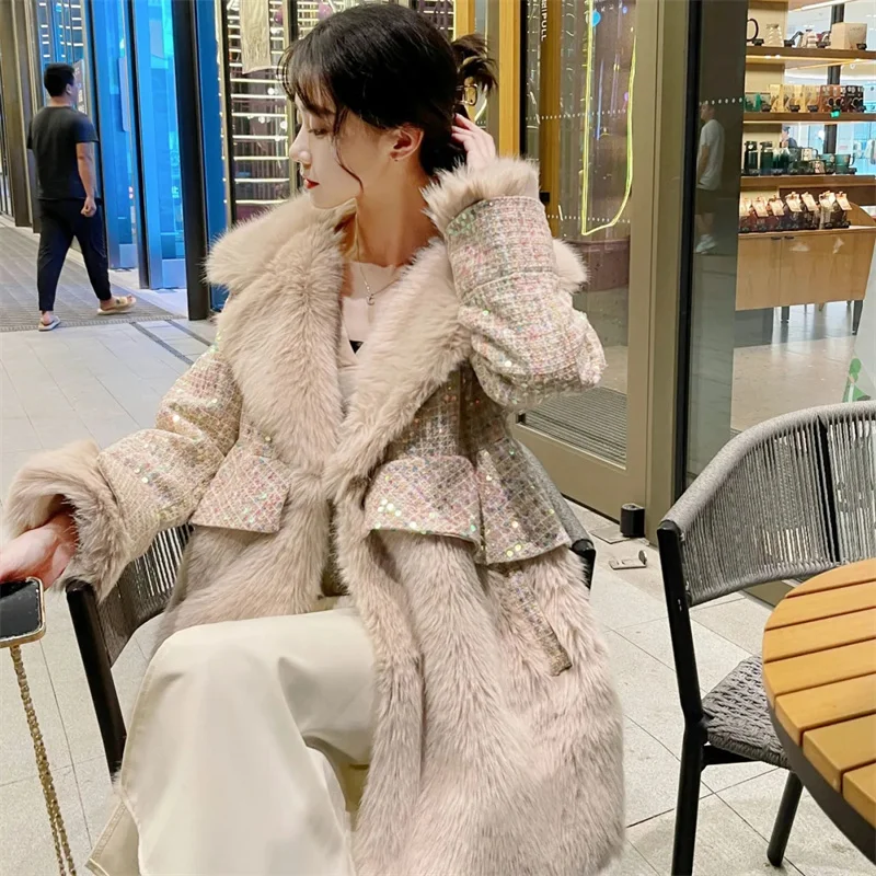 High-Quality 2022 New Ladies Temperament Coat Mid-Length Loose Sequined Coat Office Femme Winter Faux Fur Outwear Thicken Mujer