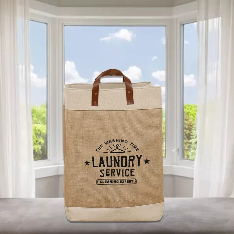 

Large Capacity Jute Tote Bags Soft Leather Handles Collapsible Laundry Basket Portable Foldable Handbag Waterproof Bags