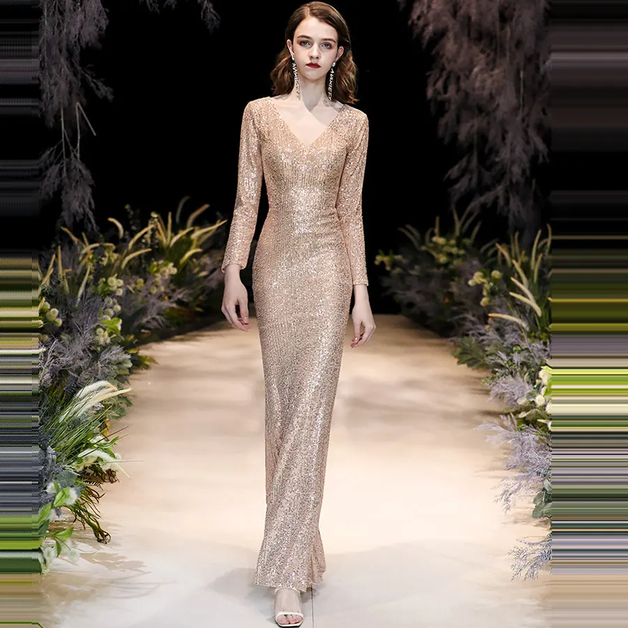 Женское вечернее платье It's Yiiya золотистое с длинным рукавом и V-образным