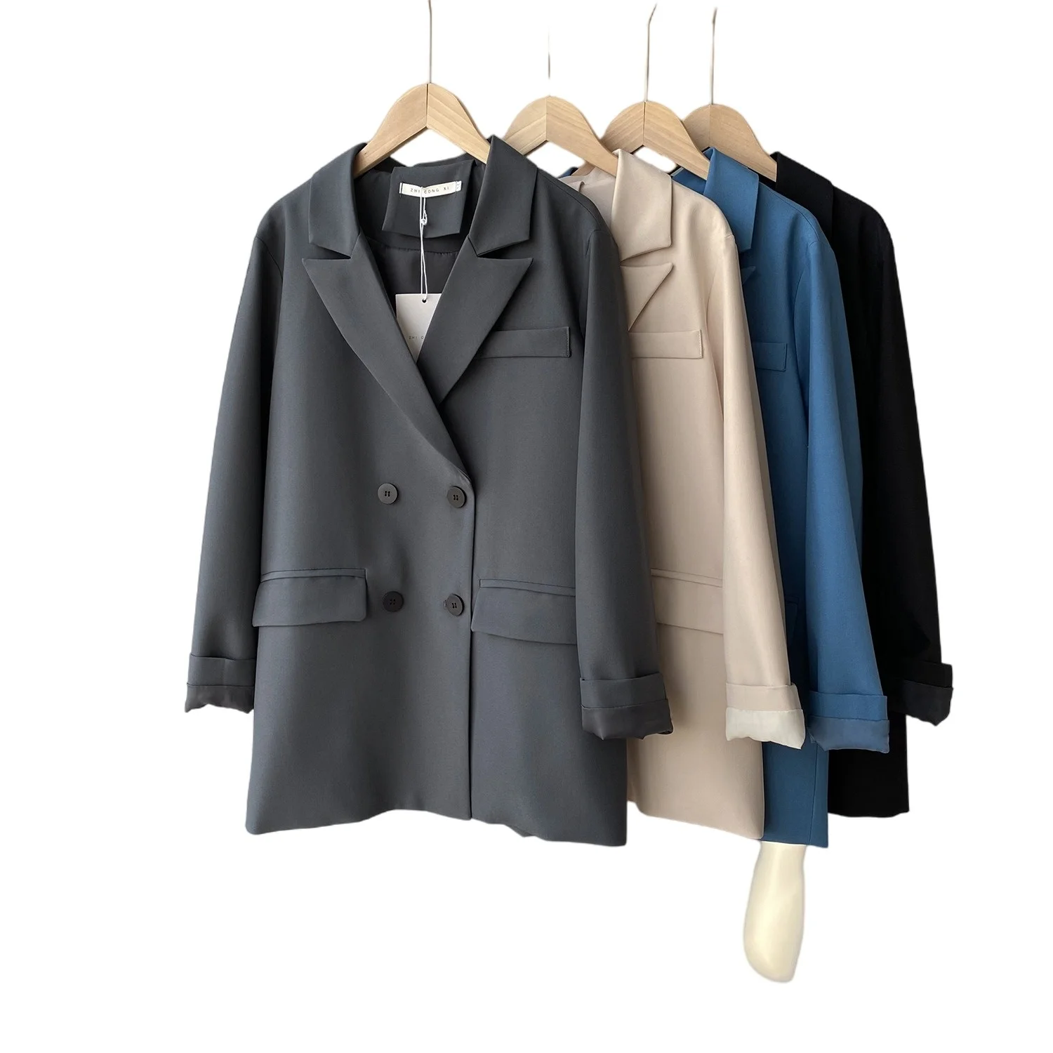 

2021 Spring Basic Black Suit Jacket Women's Loose Long Sleeve Casual Oversized Blazer Suit Top V-neck Double Breasted Cardigan