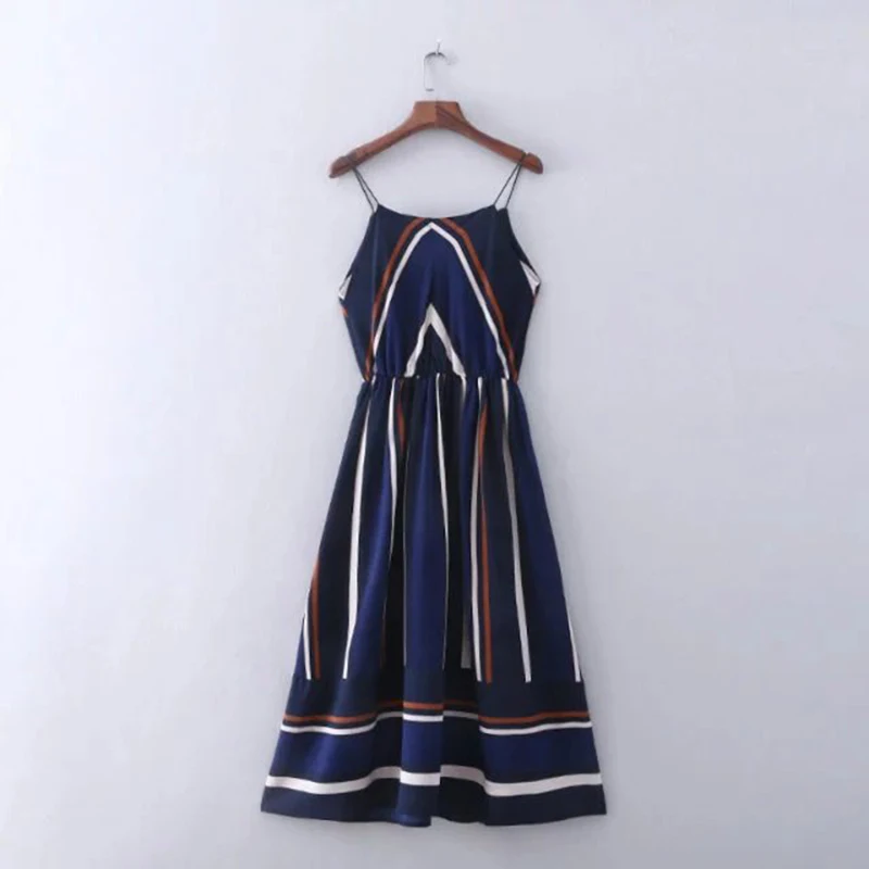 

Summer women's dress RETRO art high waist medium length color matching SLING DRESS beach home leisure comfortable dress