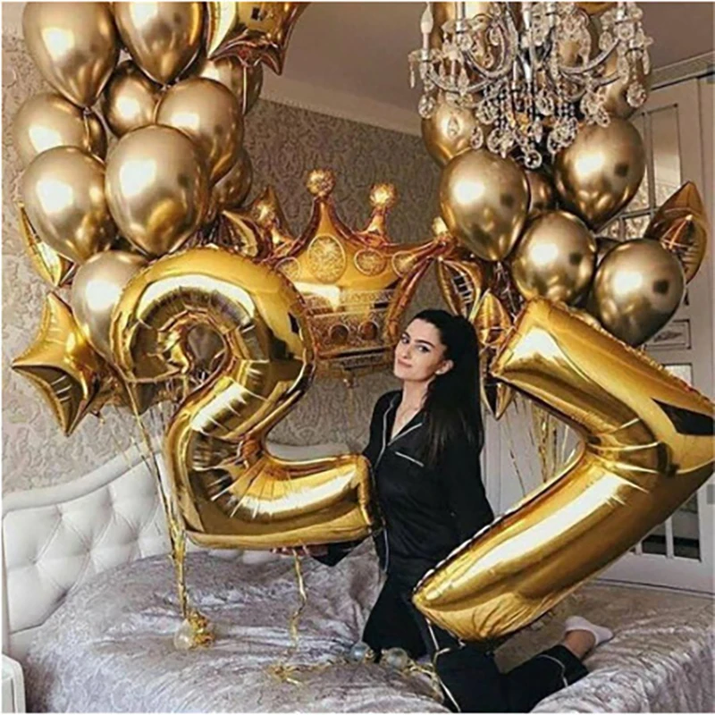 

12inch Metal Gold Confetti Balloon For Adult Kids Birthday Party Decor 40inch Gold Number Helium Balloon Wedding Crown Balloon