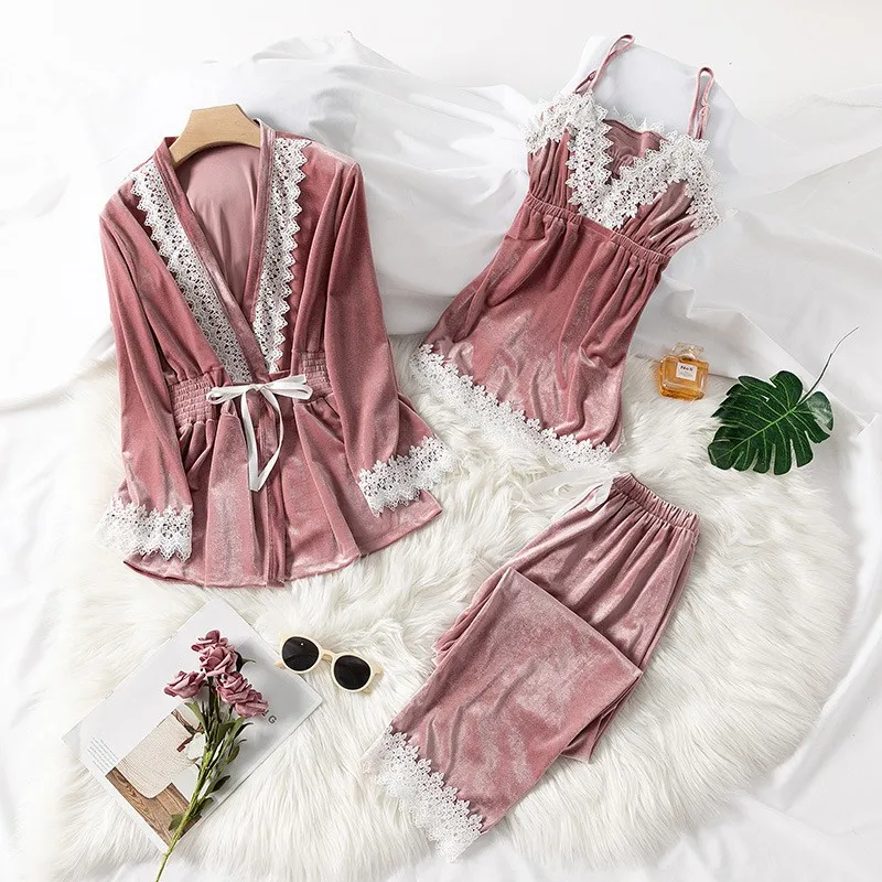 

3PCS Sleepwear Kimono Bathrobe Gown Autumn Winter New Women Pajamas Suit Velour Nightwear Pyjamas Soft Nightgown Homewear