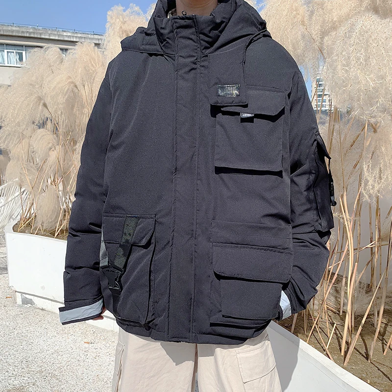 Winter Short Coat Men Warm Thick Parka Men Fashion Reflective Strip Hooded Coat Man Streetwear Loose Tooling Jacket Male Clothes