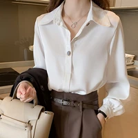 autumn fashion button chiffon fabric shirt retro top women white ladies long sleeve women loose street shirt 1104