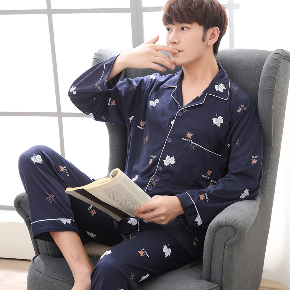 

Spring Autumn Pajama Sets Suit Knitted Cotton Casual Long Sleeve Sleepwear Plaid Home Wear Plus Size Comfortable Pajamas For Men