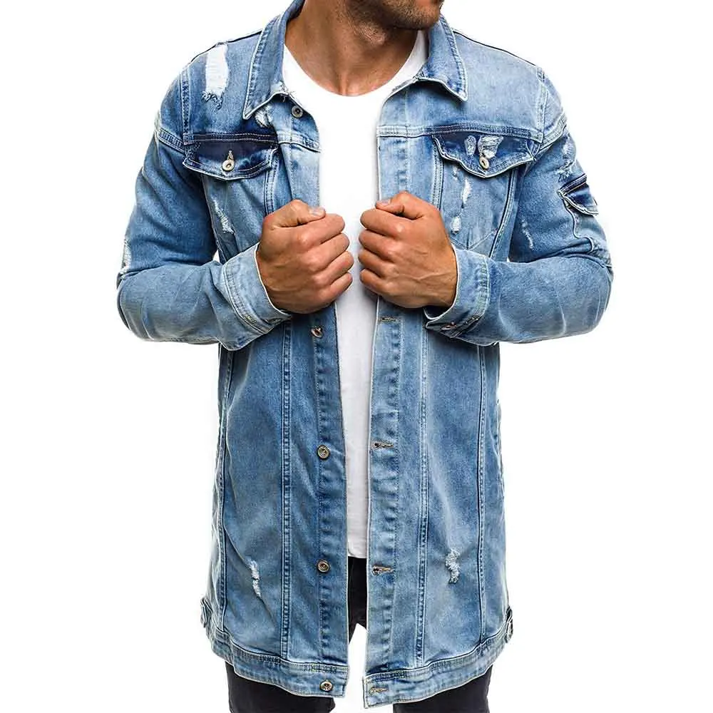 E-BAIHUI 2020 Fashion Mens Long Denim Jackets Coats Ripped Distressed Slim fit Jeans Casual Jean Jacket Coat for Male | Мужская одежда