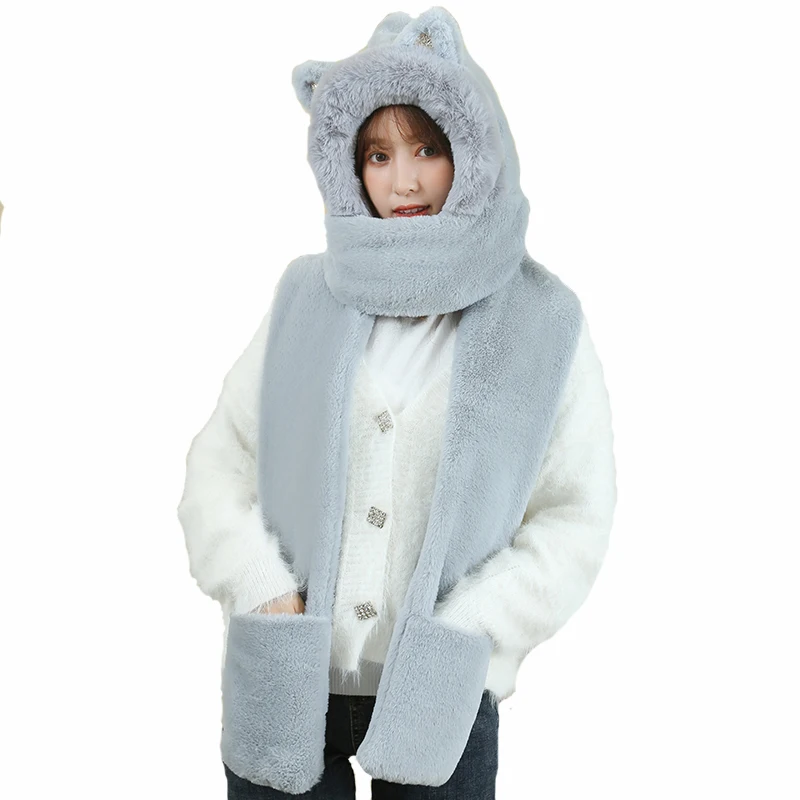 

New sequined cat scarf, hat, gloves, three-piece imitation rabbit fur scarf