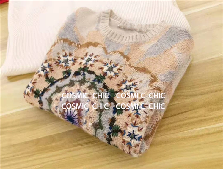 Cosmicchic кашемировый свитер с вышивкой женский вязаный пуловер с длинными рукавами высокое качество элегантный калейдоскоп женский топ