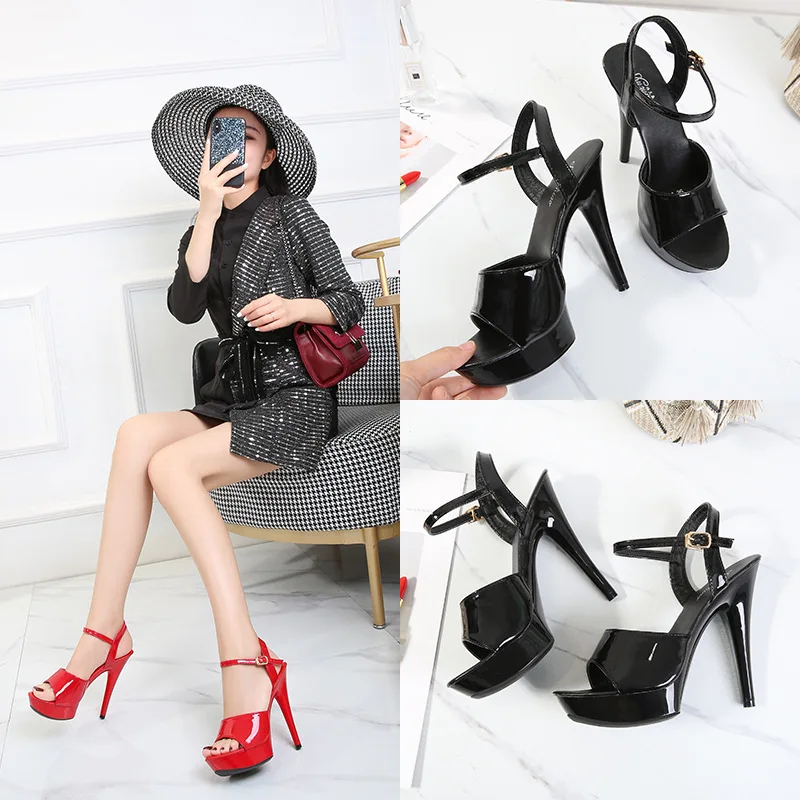 Women Sandals 13CM Thin High Heels Summer Brand Party PU Buckle Strap Open Toed waterproof platform Dress Wedding Shoes | Обувь