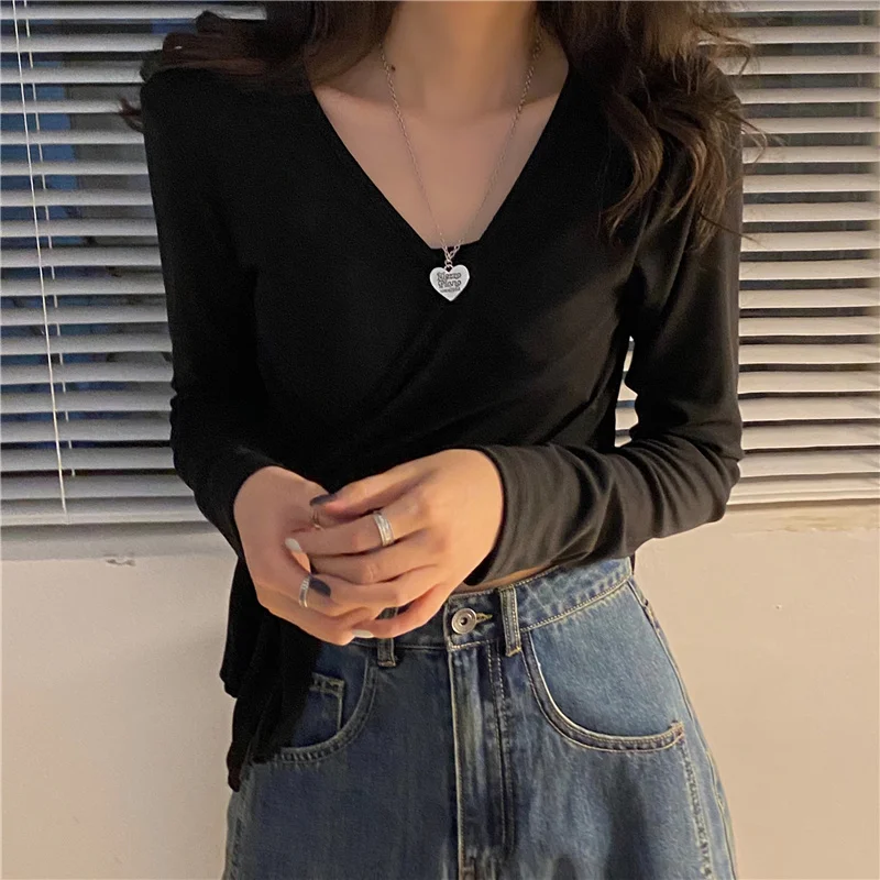 

Long Sleeve Shirt Women Black V-Neck Long Sleeve T-shirt Women's Autumn 2021 New Bottomed Shirt Slim Casual Top Fashion