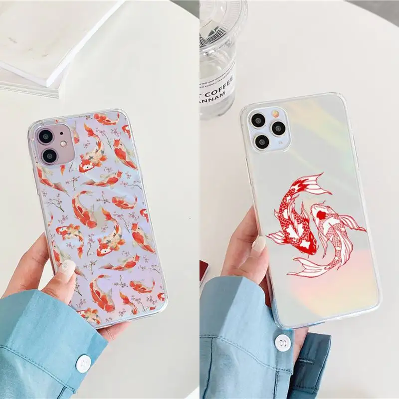 

Carp design pattern Phone Case for iPhone huawei P 7 8 9 11 12 10 30 40 S X XS XR MINI Pro Max Plus laser Transparent Shell