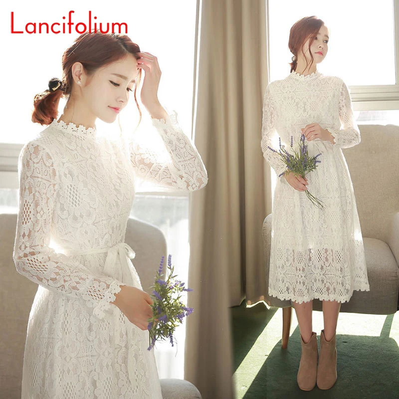 Белое длинное женское платье корейская мода винтажное элегантное кружевное с