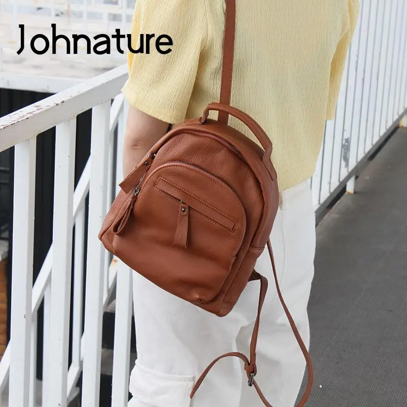 

Johnature Korean Leisure Small Backpack Women Bag 2021 New Genuine Leather Solid Color Soft Cowhide Outdoor Travel Bags