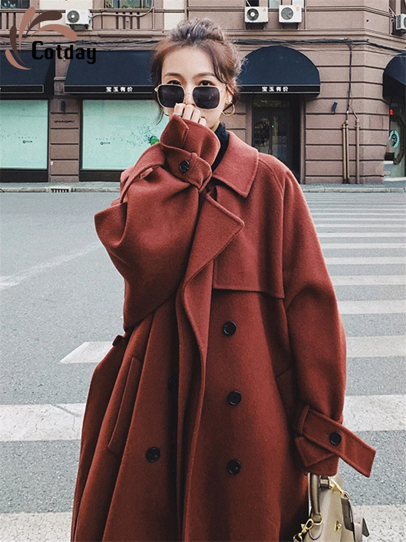 

Cotday Wool Loose Bandage Elegant Women Autumn Winter Warm 2020 Best England Style Clothing Women Woolen Blend Overcoat