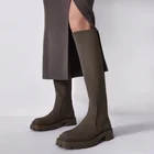Женские длинные сапоги, новинка 2021, высокие рыцарские сапоги с круглым носком на толстой подошве, тонкие, но до колена, осень и зима