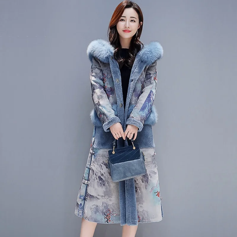

Женское флисовое пальто из искусственной замши, зимняя теплая парка из искусственной овчины с капюшоном и длинным рукавом, макси-принт, AA5231