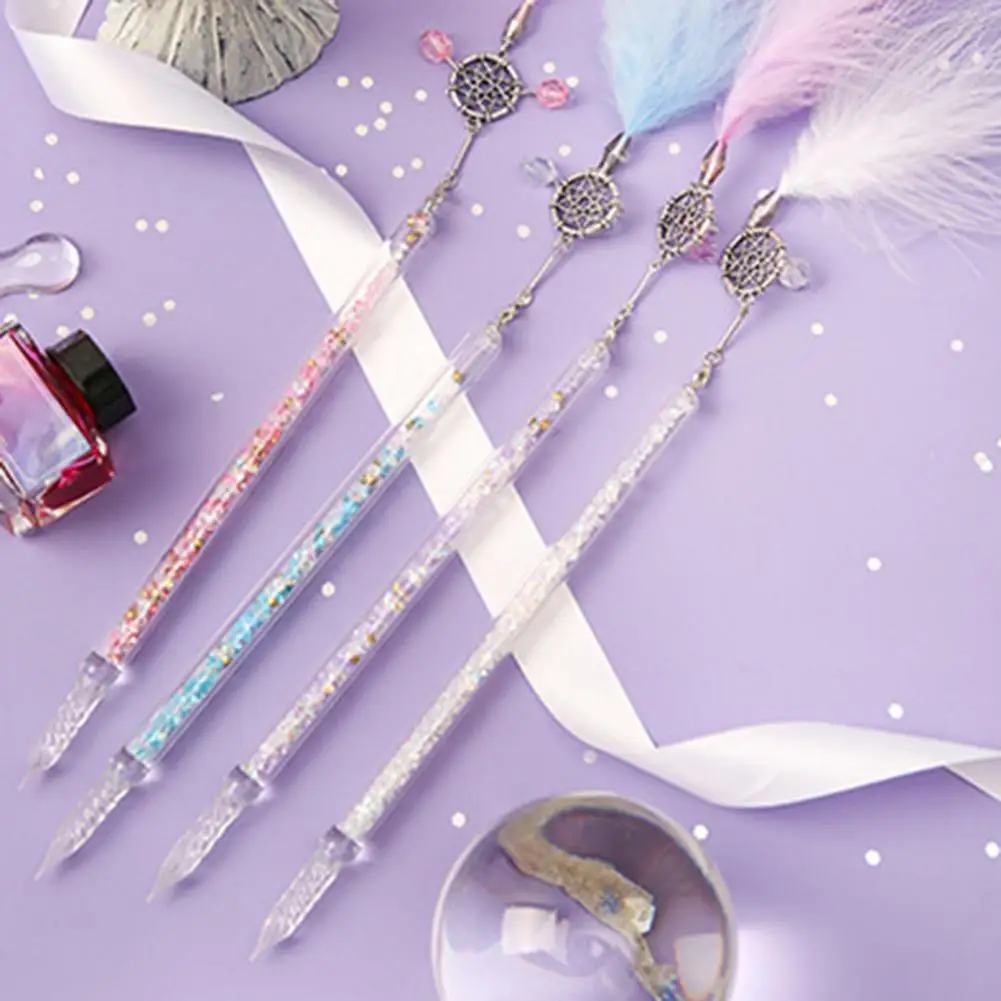 Juego de plumas de cristal bonitas, Pluma de dise&ntilde;o colgante, ahorro de tinta, f&aacute;cil de limpiar, firma de cristal art&iacute;stico para bocetos, 1 Juego-1