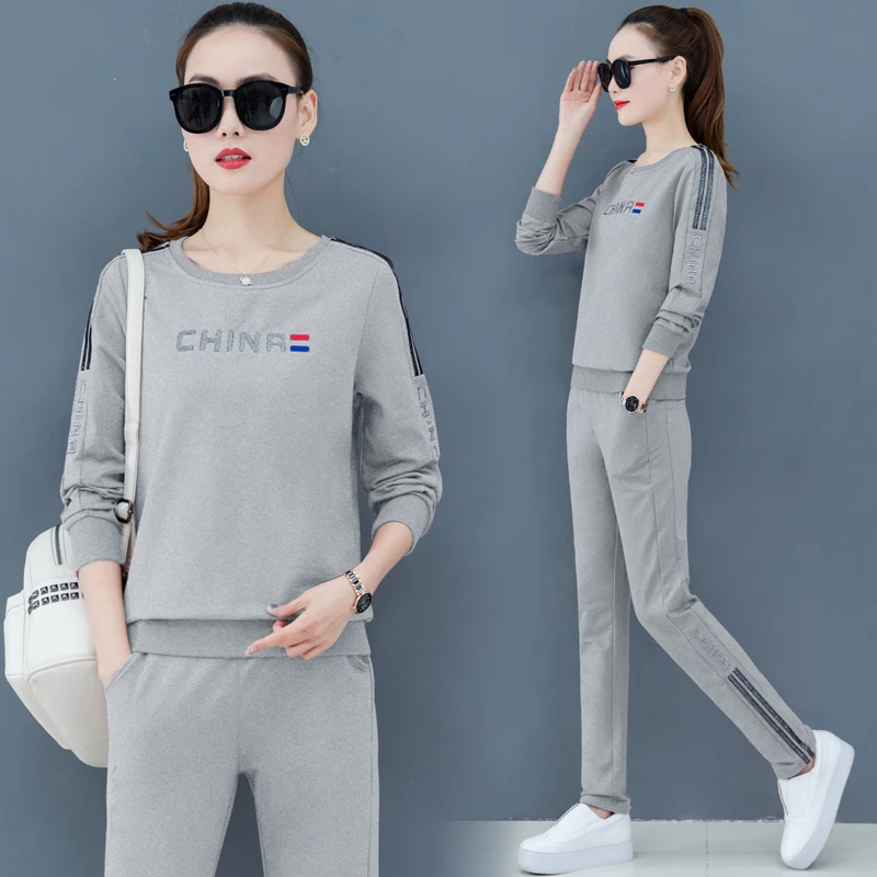 2020 весенние женские большие размеры модные футболки с круглым воротником + брюки