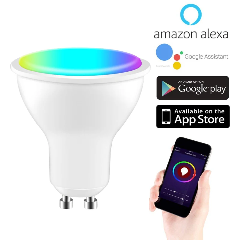 

Умная Светодиодная лампа Tuya Gu10 с Wi-Fi, точесветильник светильник 5 Вт, RGB + CW, лампа Smart Life с приложением, голосовым управлением, работает с Alexa ...