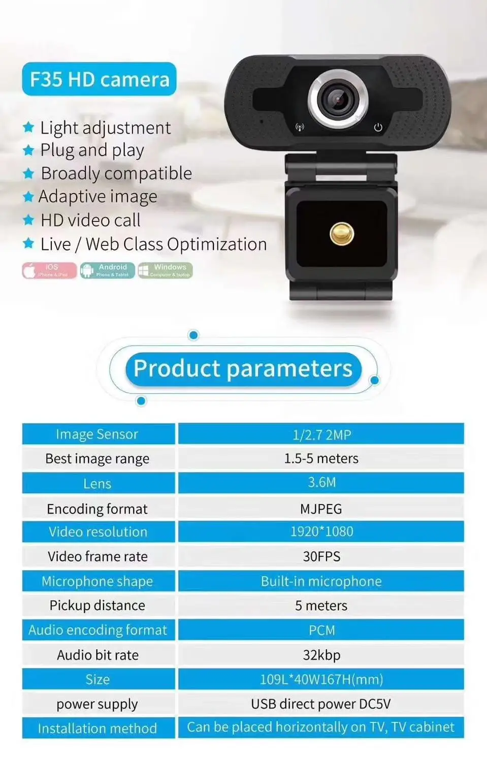 Веб камера Podofo Full HD 1080p USB веб со встроенным микрофоном для ноутбука и ПК