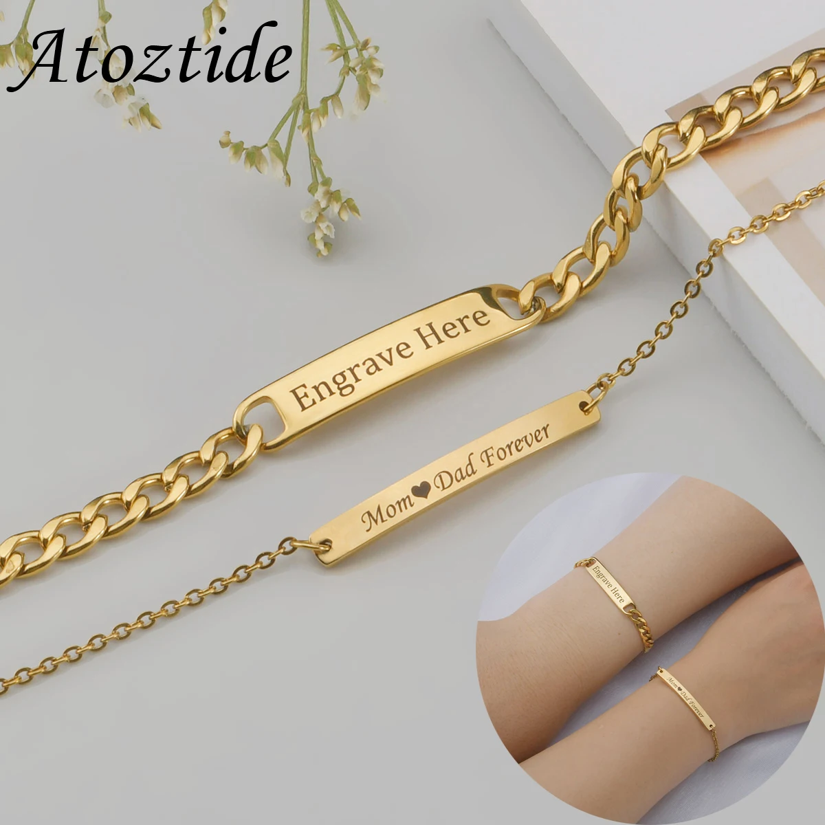 Atoztide Custom Name Bar Nameplate Couple Bracelet Stainless Steel For Men Women Adjustable Link Chain Personalized Jewelry Gift