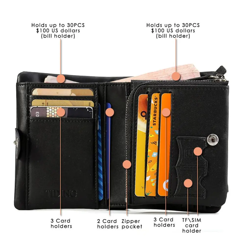 Tiding мужской кошелек из натуральной кожи с монетницей на молнии маленький зажимом