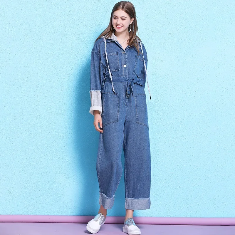 

Женский джинсовый комбинезон с капюшоном, Свободный комбинезон контрастных цветов с широкими штанинами, весна-осень, NW19C6295