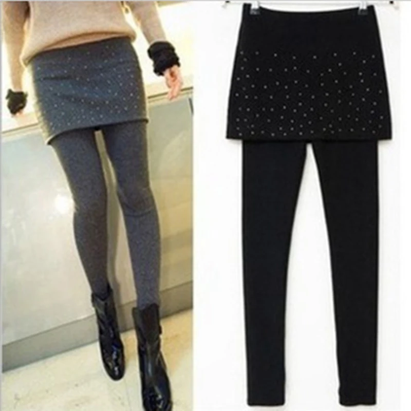 

Pleated Stretchy Warm Ankle-Length Leggins Autumn Winter Women Leggings Black Legins Female Women Skirt Leggins Footless