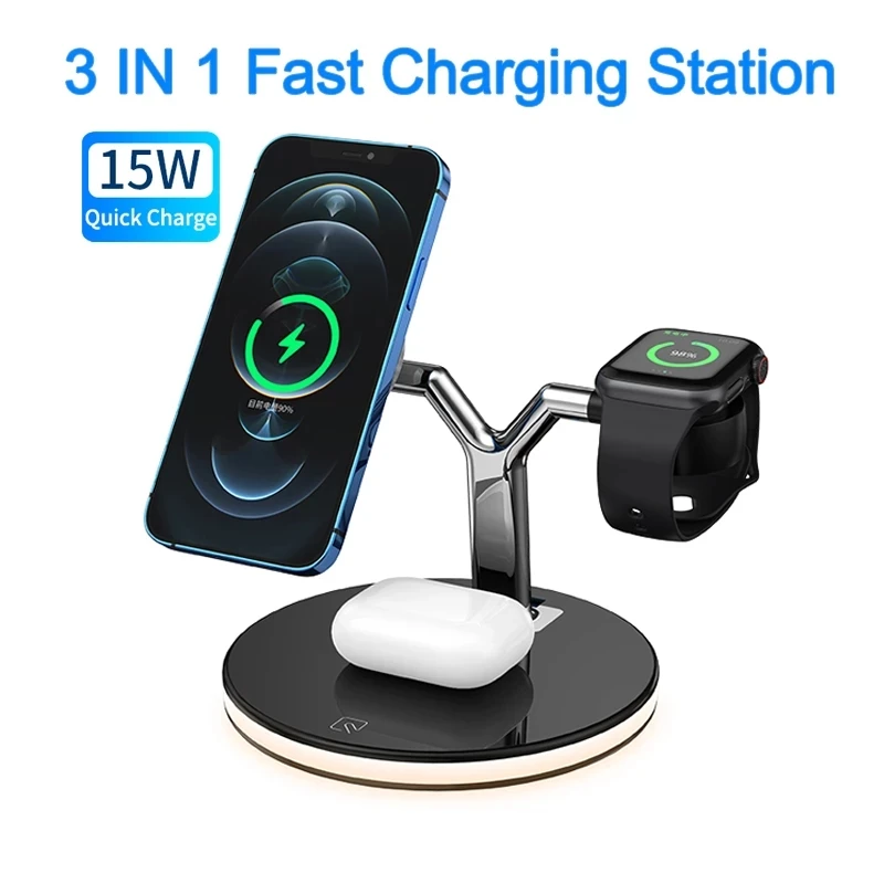 Estaci&oacute;n de carga r&aacute;pida 3 en 1 para iPhone 13, 13Pro, 12, 12Pro, Max, 12, mini cargador inal&aacute;mbrico magn&eacute;tico-0