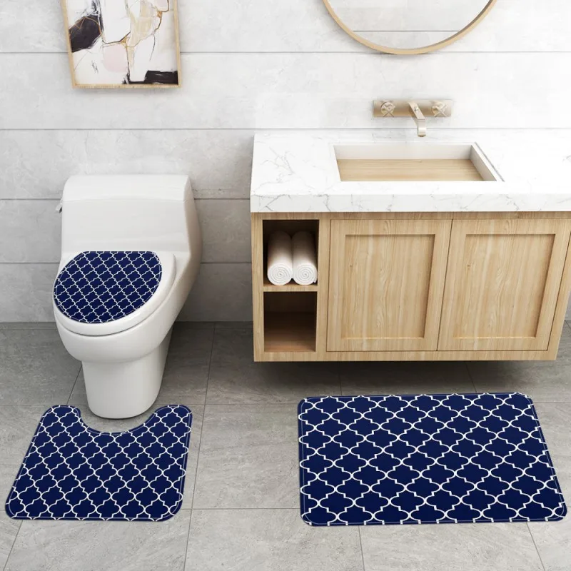 

4Piece Printing Home Happy Shower Bathroom Product Personalized Waterproof Shower Curtain Bathroom Floor Mat Base Mat Toilet Mat