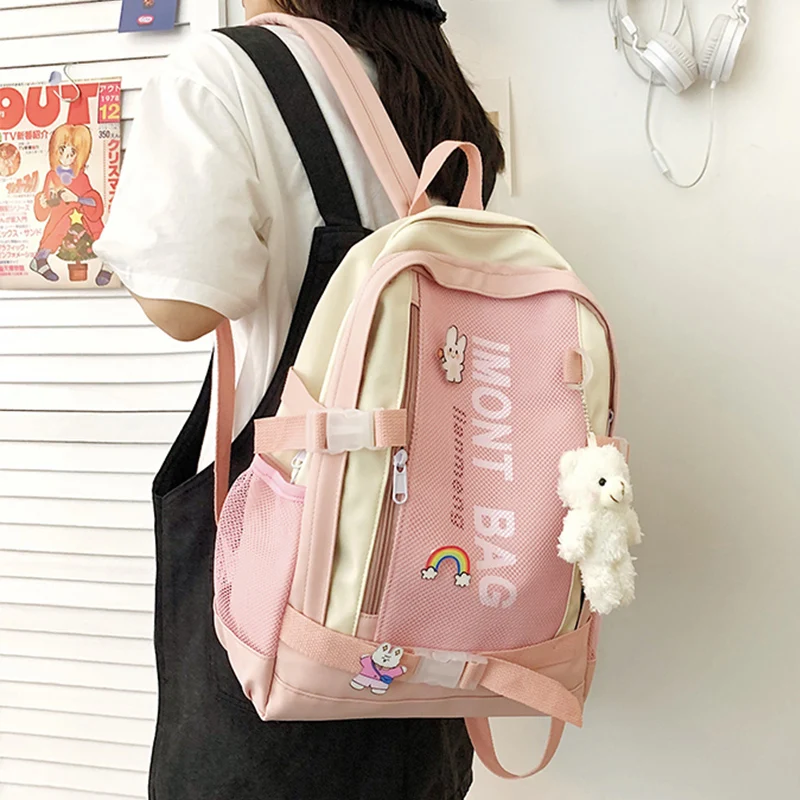 

EST New Kawaii Girls Backpack School Bag for Teenager College Shoulders Female Travel Bagpack Women Patchwork Bear Mochila Bolsa
